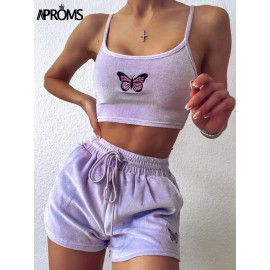 Aproms Yellow Velvet Crop Top and Shorts For Women (2 Pieces Set)