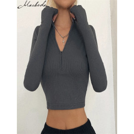 Macheda 2021 Spring New Simple Ribbed Knitted Zipper Tees Shirt - Crop Top Casual Streetwear Elegant Solid Short
