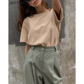 WOTWOY Summer Knitted Basic Solid T-shirt - Women Casual Cotton Short Sleeve Tee-Shirts / Tops