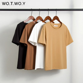 WOTWOY Summer Knitted Basic Solid T-shirt - Women Casual Cotton Short Sleeve Tee-Shirts / Tops