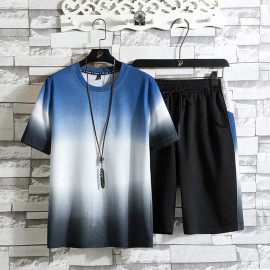 2021 New Casual Summer Set Men Sports Gradient Short Sleeve + Shorts 2 Piece 