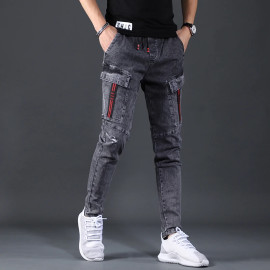 Summer Cargo Pants (Slim Fit Elastic Waist Style Casual Dark Gray Denim)