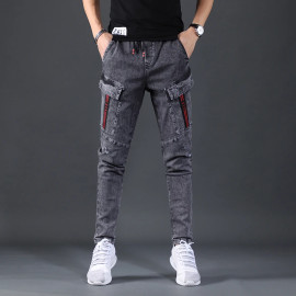 Summer Cargo Pants (Slim Fit Elastic Waist Style Casual Dark Gray Denim)