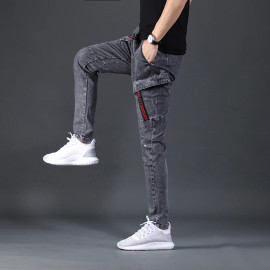 Summer Cargo Pants (Slim Fit Elastic Waist Style Casual Dark Gray Denim)