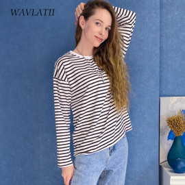 WAVLATII Women Striped Long Sleeve Tops