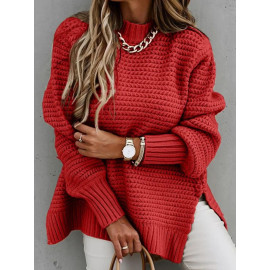 Women Knitted Sweater - Mock Neck Casual Loose Basic Pullover