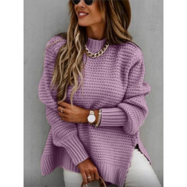 Women Knitted Sweater - Mock Neck Casual Loose Basic Pullover