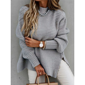 Women Knitted Sweater - Mock Neck Casual Loose Basic Pullover