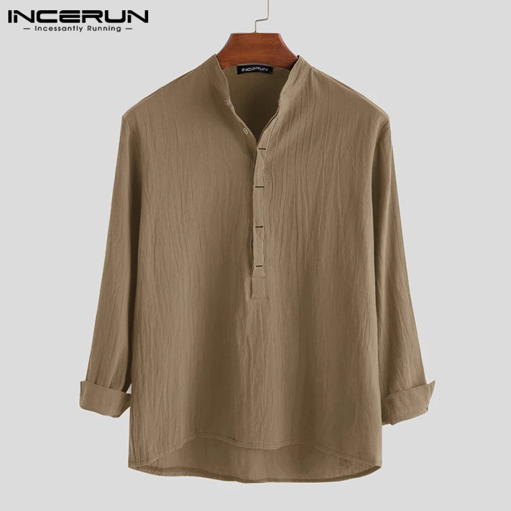 INCERUN Vintage Men Casual Shirt Long Sleeve (Cotton Linen)