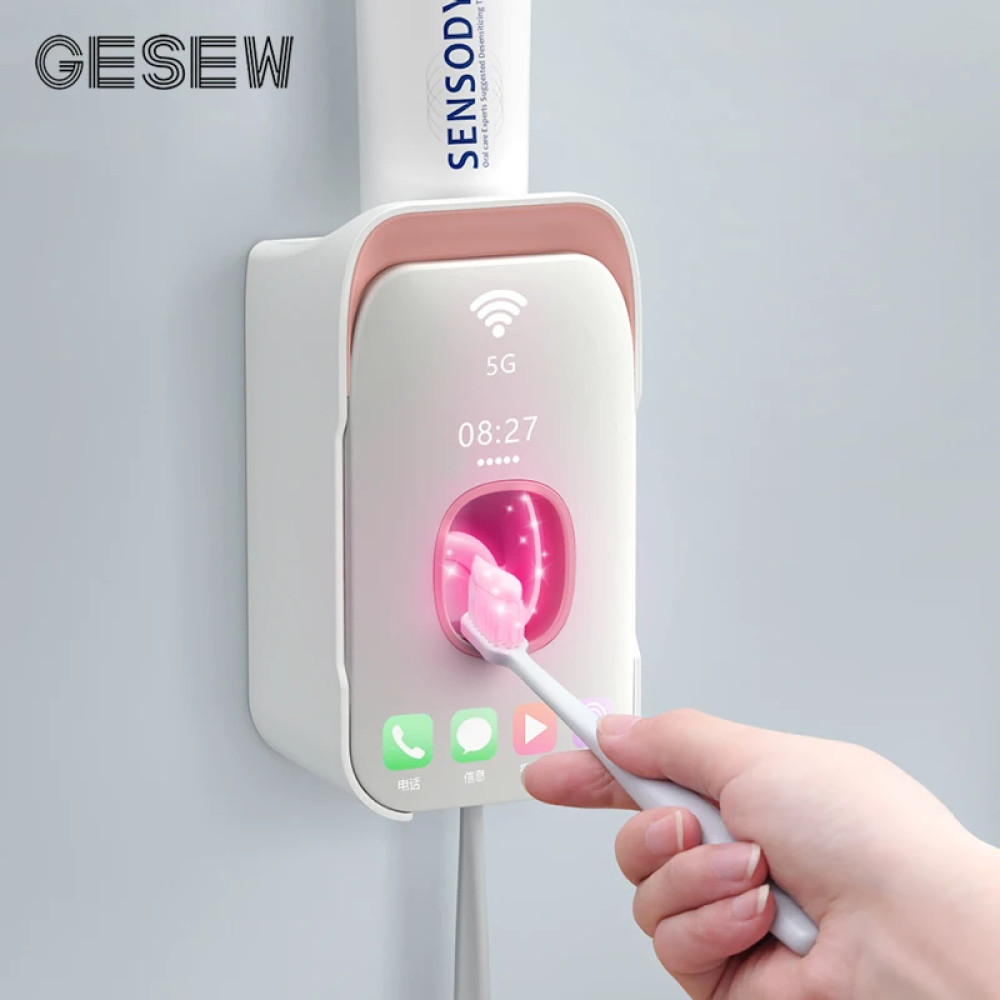 GESEW Automatic Toothpaste Dispenser (Wall Mount Toothbrush Holder)