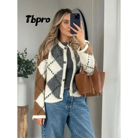 Women Patchwork Knitted O-neck Cardigan Sweater