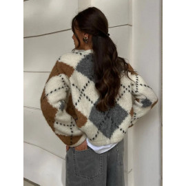 Women Patchwork Knitted O-neck Cardigan Sweater