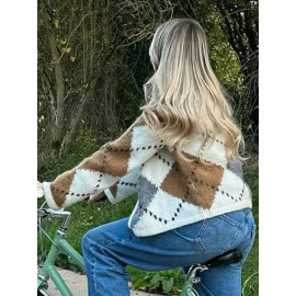 Women Patchwork Knitted O-neck Cardigan Sweater