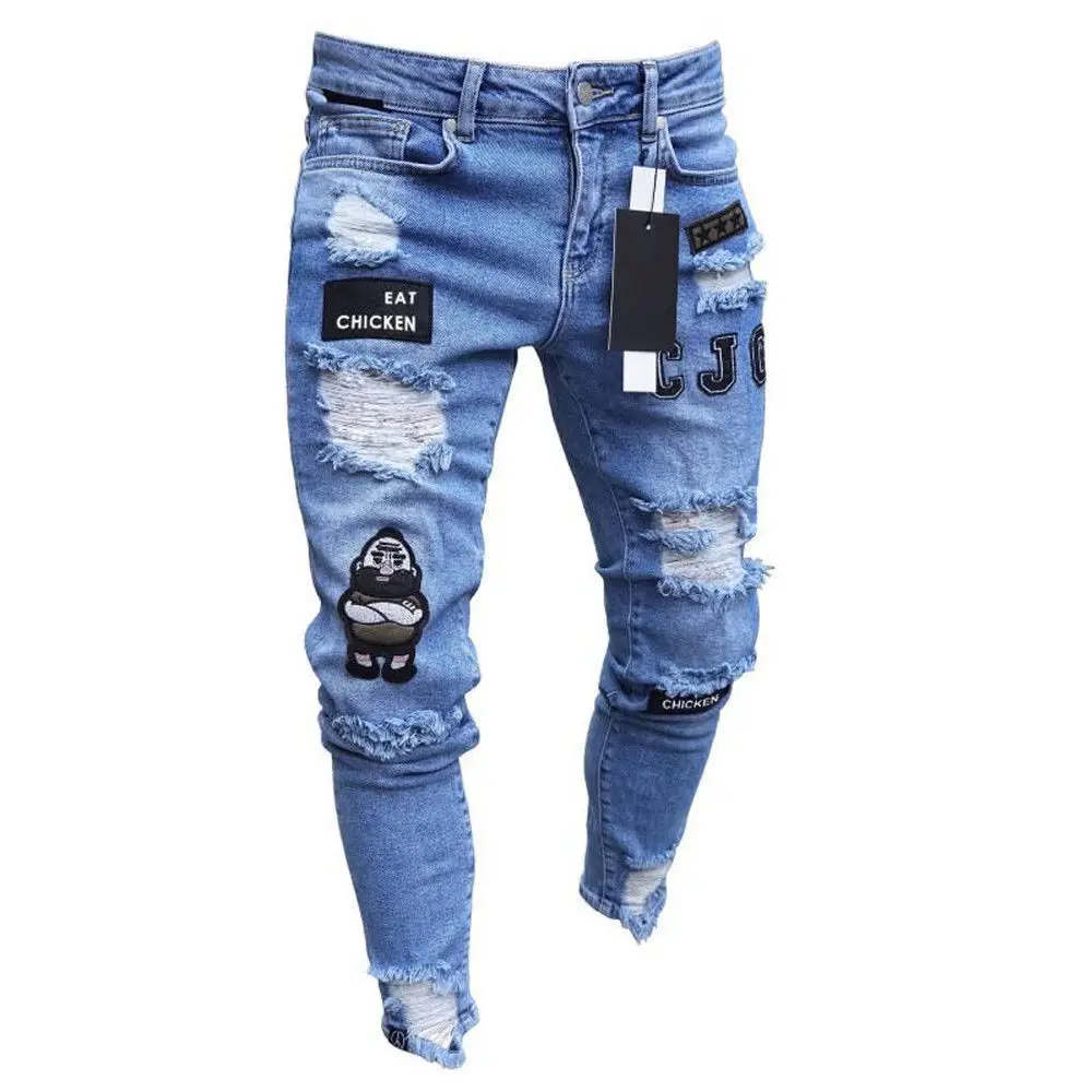 Men Stretchy Ripped Skinny Biker Embroidery Print Jeans 