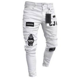 Men Stretchy Ripped Skinny Biker Embroidery Print Jeans 