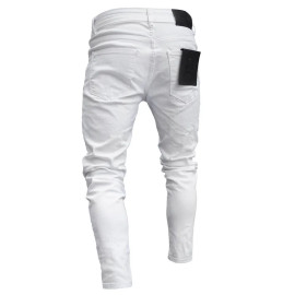 Men Stretchy Ripped Skinny Biker Embroidery Print Jeans 