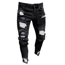 Men Stretchy Ripped Skinny Biker Embroidery Print Jeans 