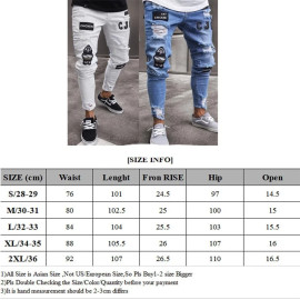 Men Stretchy Ripped Skinny Biker Embroidery Print Jeans 