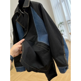 [EWQ] Denim Stitching Long Sleeve Trend Ladies Coat