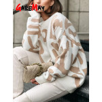 Winter Women's Sweater with Letter Print Green White Oversized Pullover