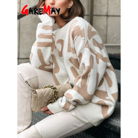 Winter Women's Sweater with Letter Print Green White Oversized Pullover Winter Women's Sweater with Letter Print Green White Oversized Pullover
