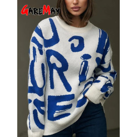 Winter Women's Sweater with Letter Print Green White Oversized Pullover