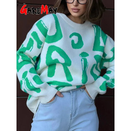 Winter Women's Sweater with Letter Print Green White Oversized Pullover