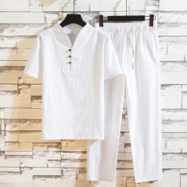 Men's Cotton and Linen Short Sleeve T-shirt+Ankle..