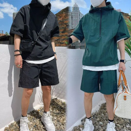 Summer Cargo Style Set Men's Casual Hooded Solid Short Sleeve T-shirt Shorts
