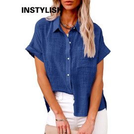 Casual Solid Short Sleeve Cotton Linen Loose Blouse Vintage Harajuku Oversized Shirt Elegant Tunic Summer Tops Women 2022