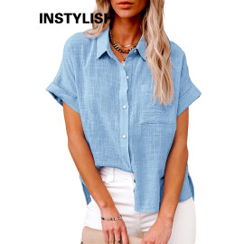 Casual Solid Short Sleeve Cotton Linen Loose Blouse Vintage Harajuku Oversized Shirt Elegant Tunic Summer Tops Women 2022