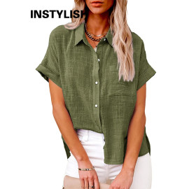 Casual Solid Short Sleeve Cotton Linen Loose Blouse Vintage Harajuku Oversized Shirt Elegant Tunic Summer Tops Women 2022
