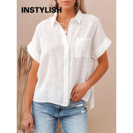 Casual Solid Short Sleeve Cotton Linen Loose Blouse Vintage Harajuku Oversized Shirt Elegant Tunic Summer Tops Women 2022