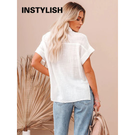 Casual Solid Short Sleeve Cotton Linen Loose Blouse Vintage Harajuku Oversized Shirt Elegant Tunic Summer Tops Women 2022