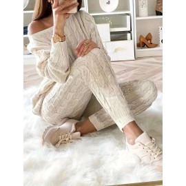 Solid Knitted Matching Two-piece Set  Casual Long Sleeve Sweater & Pants Outfits