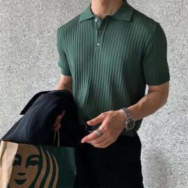 Men's Retro Knit Lapel Striped Polo Shirt Men's Retro Knit Lapel Striped Polo Shirt