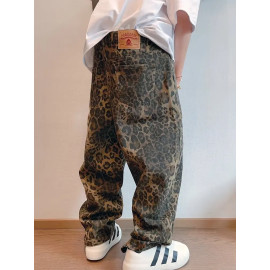 Oversized Leopard Denim Jeans For Men's