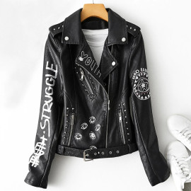 Graffiti Print Faux Leather Jacket For Women's