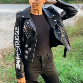 Graffiti Print Faux Leather Jacket For Women's
