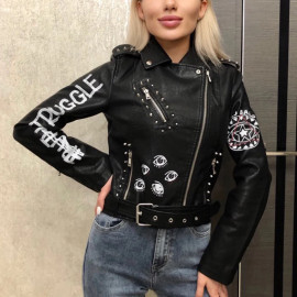 Graffiti Print Faux Leather Jacket For Women's