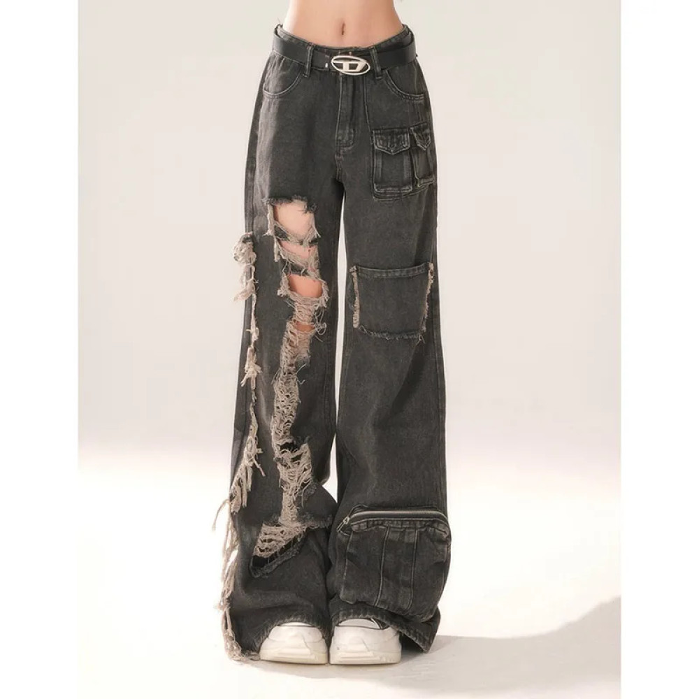 Ripped Hip-Hop Style Black Jeans For Women's 