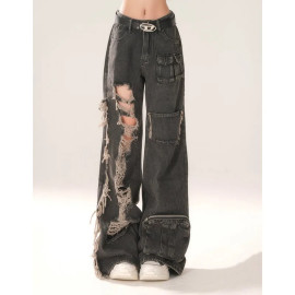 Ripped Hip-Hop Style Black Jeans For Women's