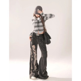 Ripped Hip-Hop Style Black Jeans For Women's 