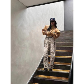 Retro Leopard Printed Wide Leg Jeans For Women's 