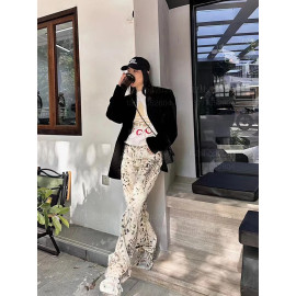 Retro Leopard Printed Wide Leg Jeans For Women's 