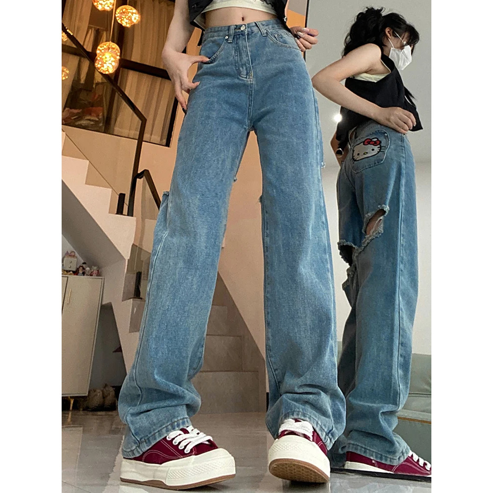  Women's Retro Sweet Denim Ripped Jeans 