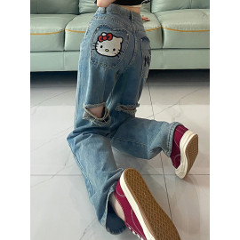  Women's Retro Sweet Denim Ripped Jeans 