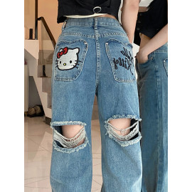  Women's Retro Sweet Denim Ripped Jeans 