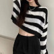 Women's Korean Style Striped Cropped O-neck Sweater 
