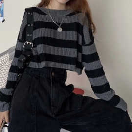 Women's Korean Style Striped Cropped O-neck Sweater 